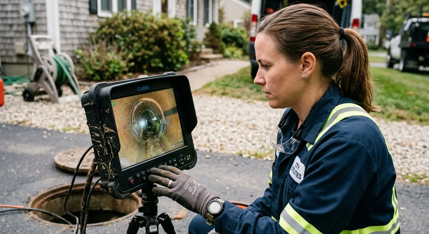 Technician reviewing sewer camera inspection footage in Alexandria