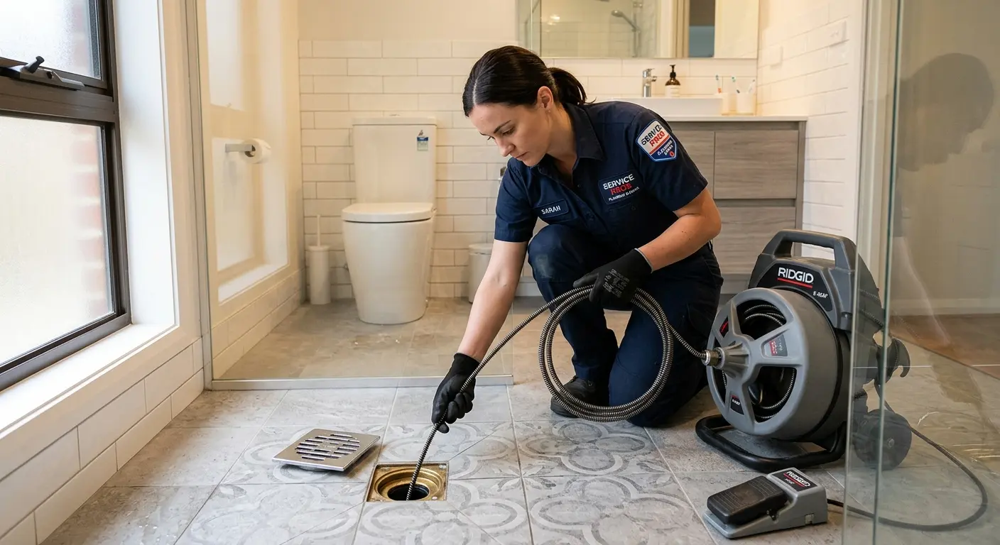 Technician clearing a bathroom floor drain for Sewer Line Replacement in Alexandria